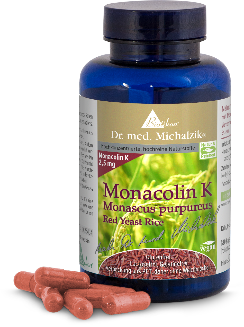 Flasche mit Monacolin K 2,5 mg, 180 Kapseln, rotbraun, auf einer weißen Fläche.