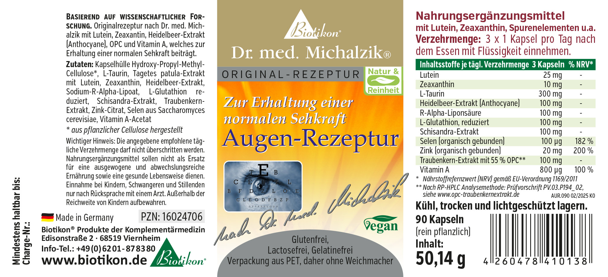 Augen-Rezeptur Nahrungsergänzungsmittel in Kapseln, 90 Stück, Verpackung in PET, vegan, mit Inhaltsstoffen wie Lutein und Zeaxanthin.