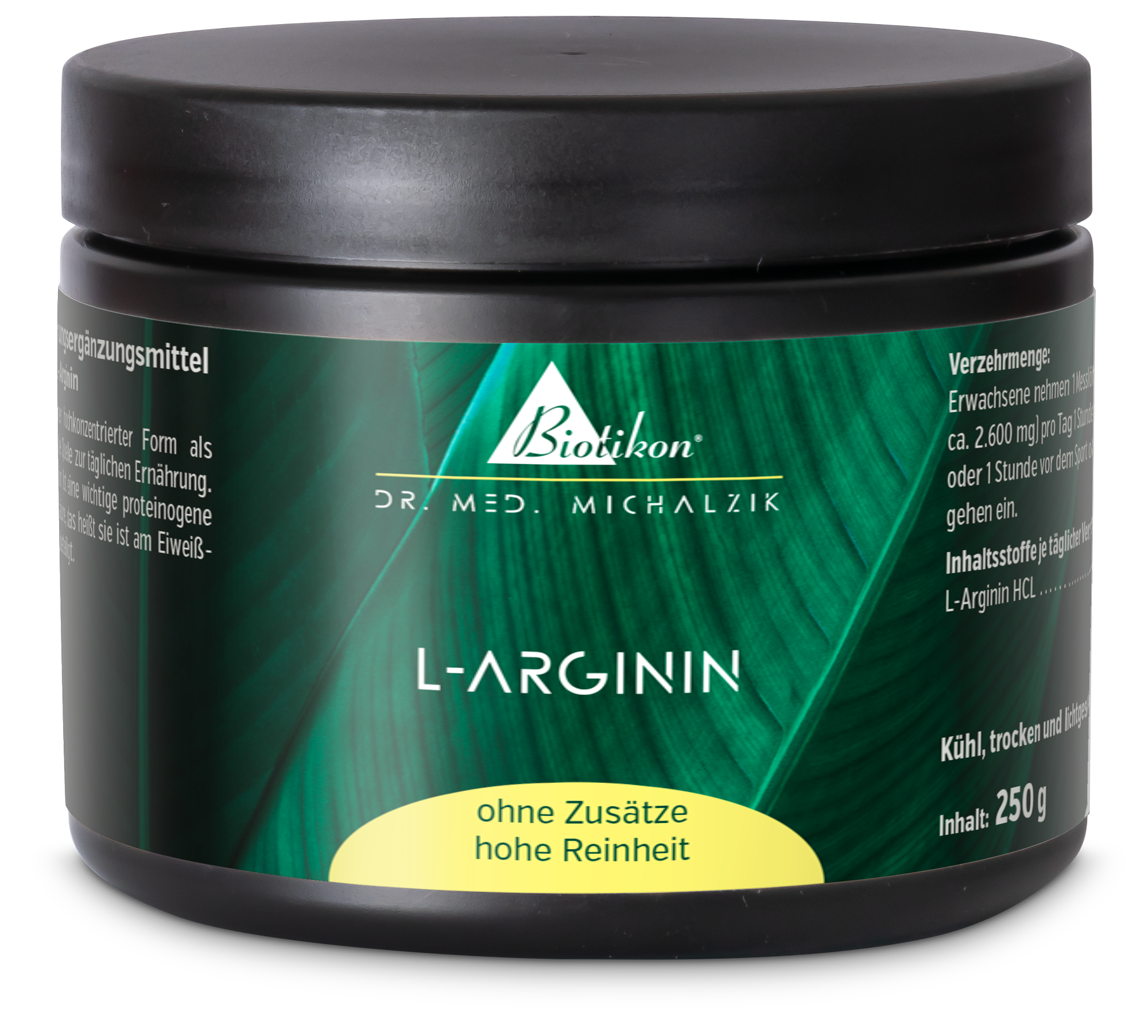 L-Arginin in Pulverform, 250 g Dose, schwarze Verpackung mit grüner Akzentfarbe, von der Seite aufgenommen.