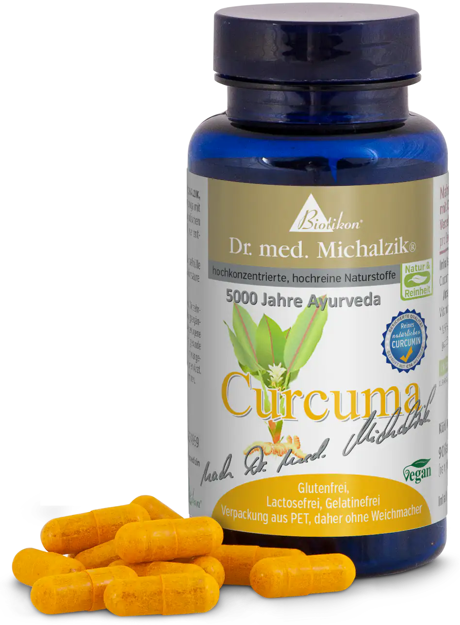 Curcuma 500 mg – Kapseln Veganer Curcuma Nahrungsergänzungsmittel in blauer Flasche, 90 Kapseln, gelb, mit einzelnen Kapseln daneben.