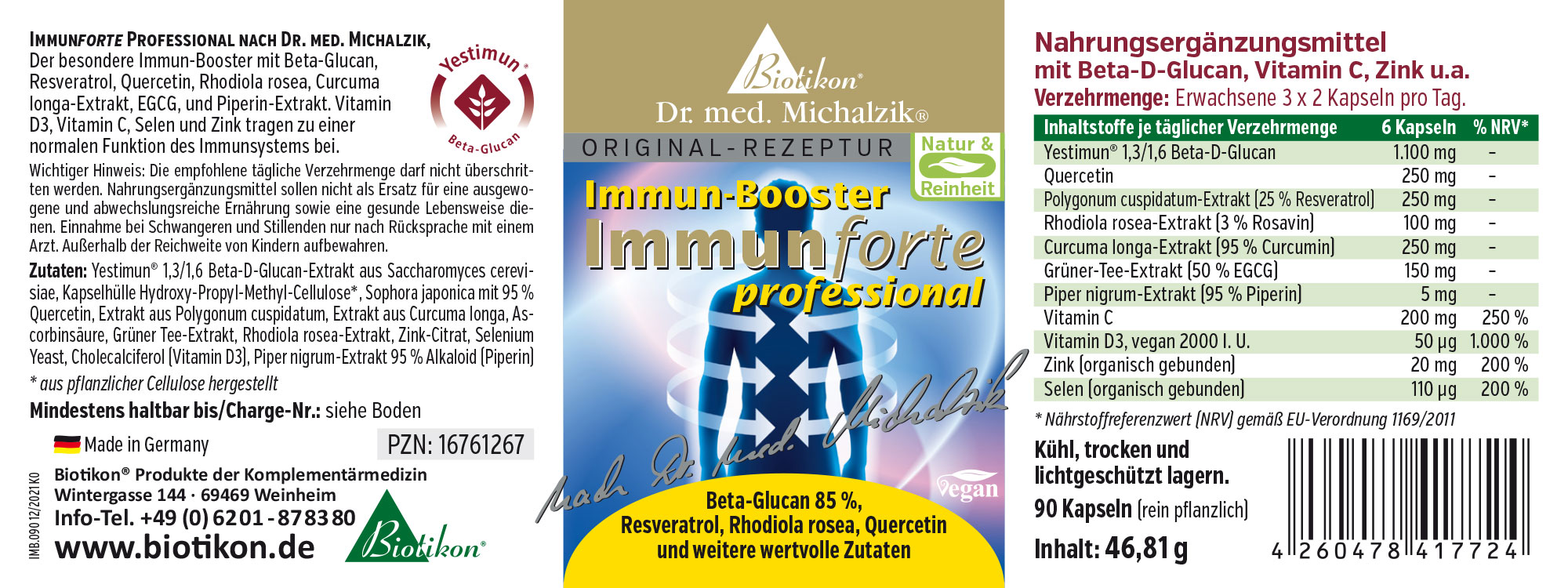Nahrungsergänzungsmittel Immunboost mit Beta-Glucan, Vitaminen, in einer 90 Kapseln Packung, vegan und pflanzlich.