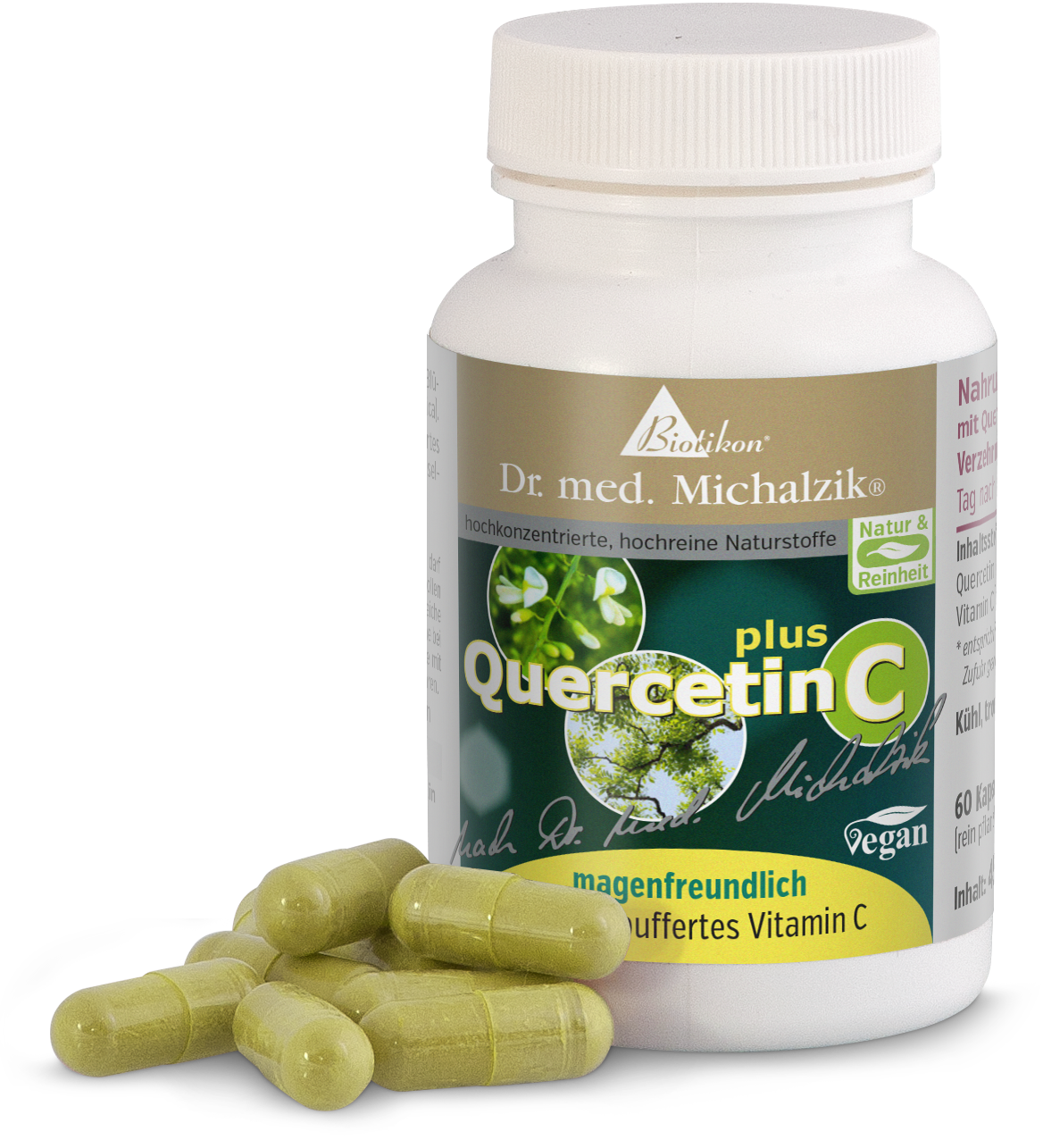 Quercetin C 300 mg – Kapseln Kapseln mit Quercetin C, 60 Stück in weißer Flasche, grüne Kapseln, vegan.