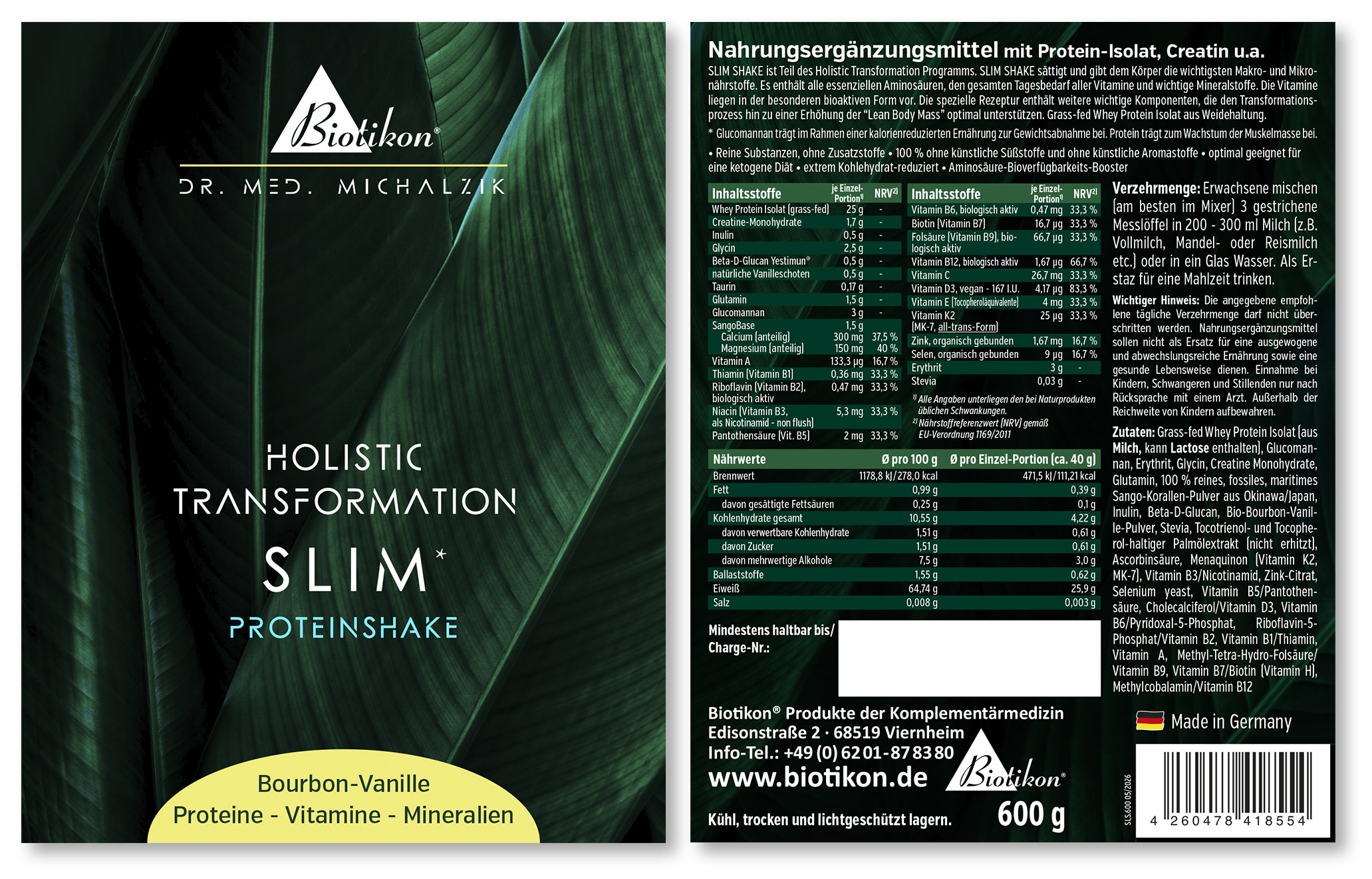 Slim Shake Proteinpulver in der Geschmacksrichtung Bourbon-Vanille, 600 g Verpackung, grüne Verpackung mit Nährwerttabelle.