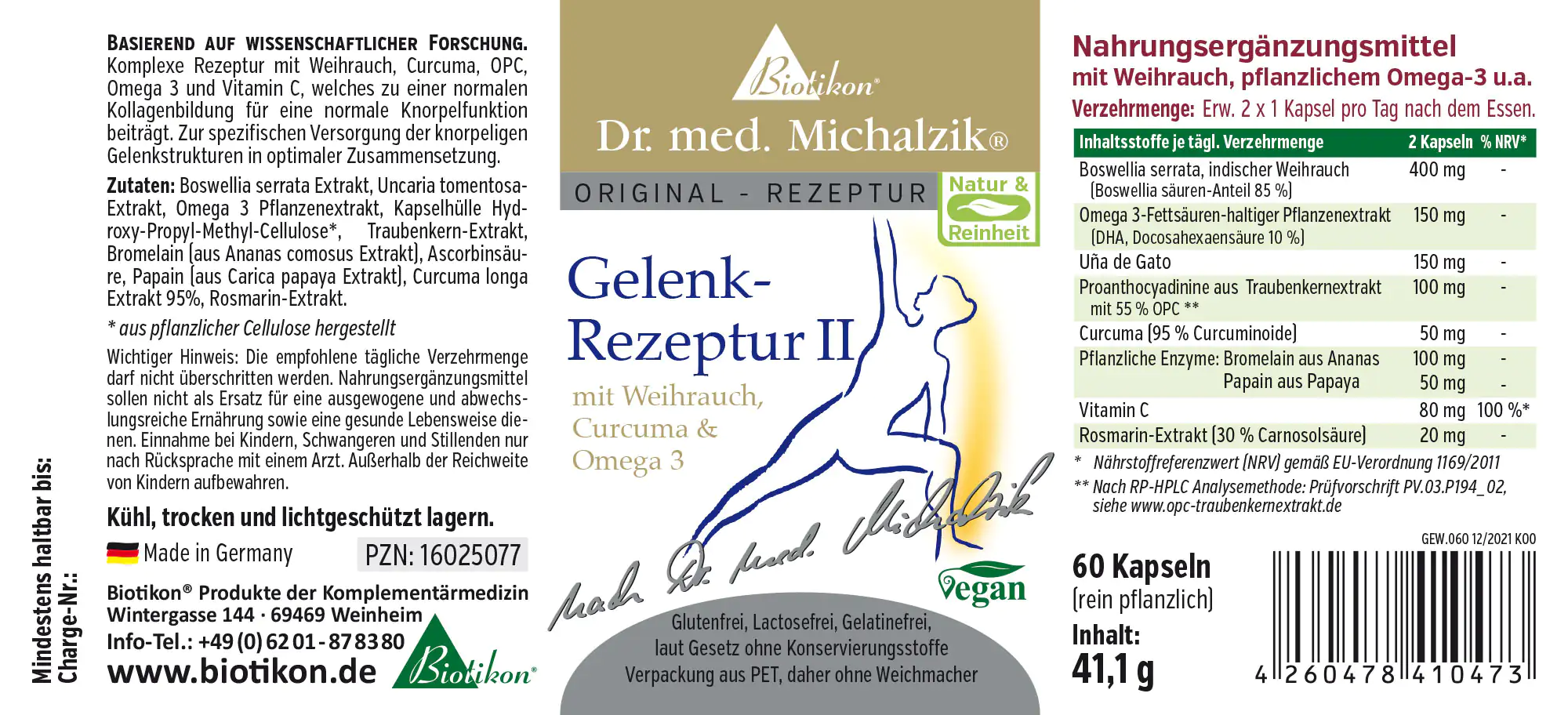 Nahrungsergänzungsmittel in Kapseln, enthält Weihrauch, Curcuma und Omega 3, 60 Stück, grün-weiße Verpackung