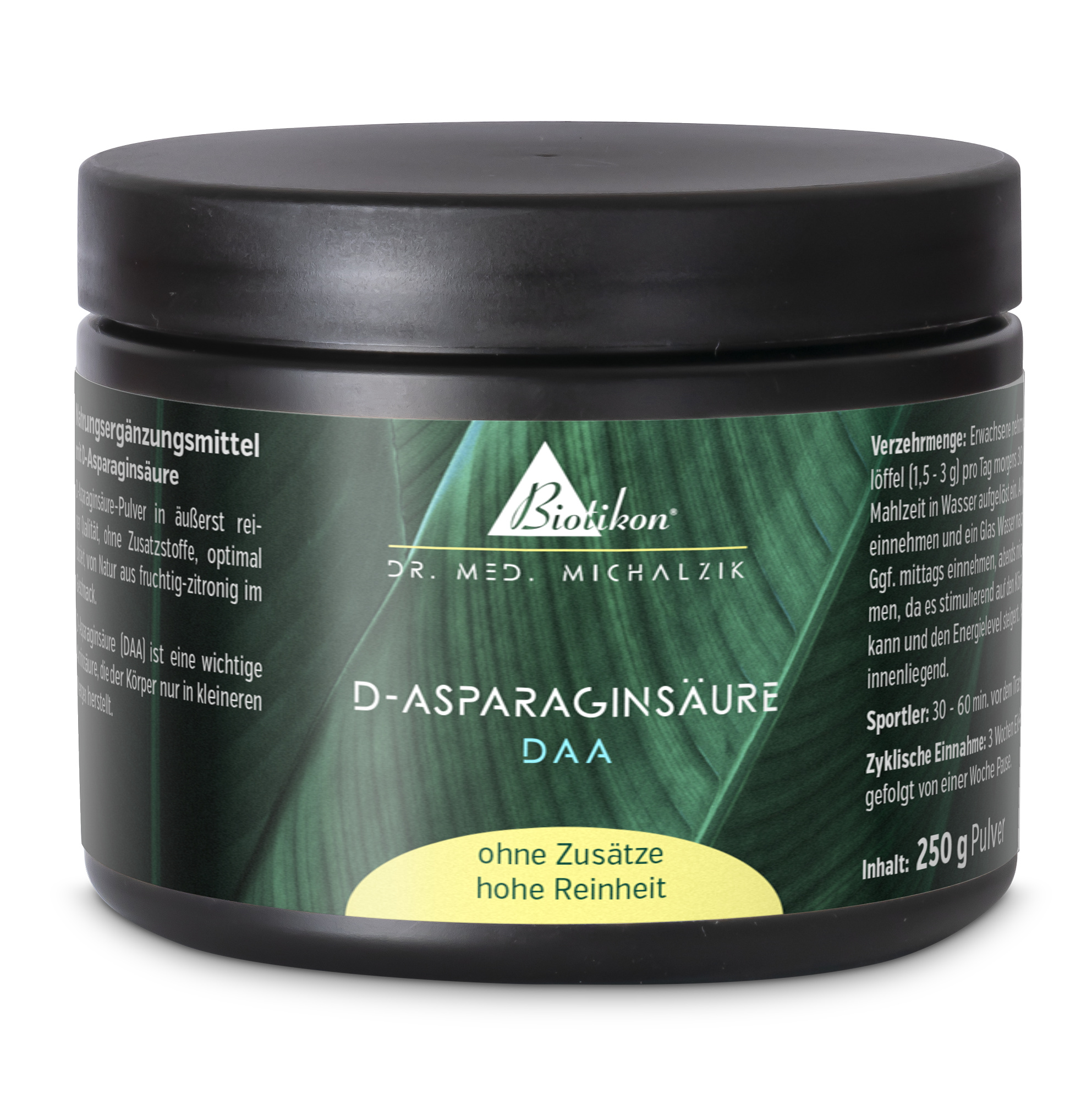 D-Aspartinsäure 250 g – Pulver D-Aspartinsäure Pulver in schwarzer Dose, 250 g, seitliche Ansicht, hohe Reinheit, ohne Zusätze.