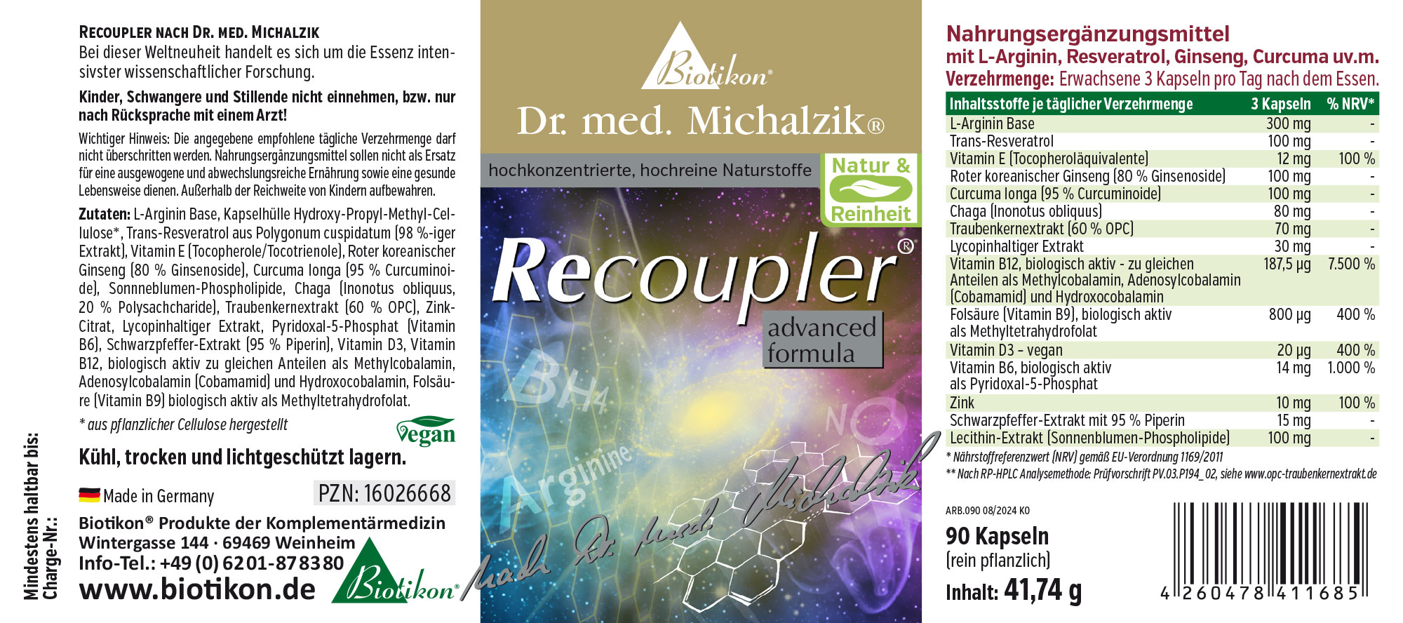 90 transparente Kapseln in einer grünen Verpackung, mit Zutaten wie L-Arginin und Resveratrol.