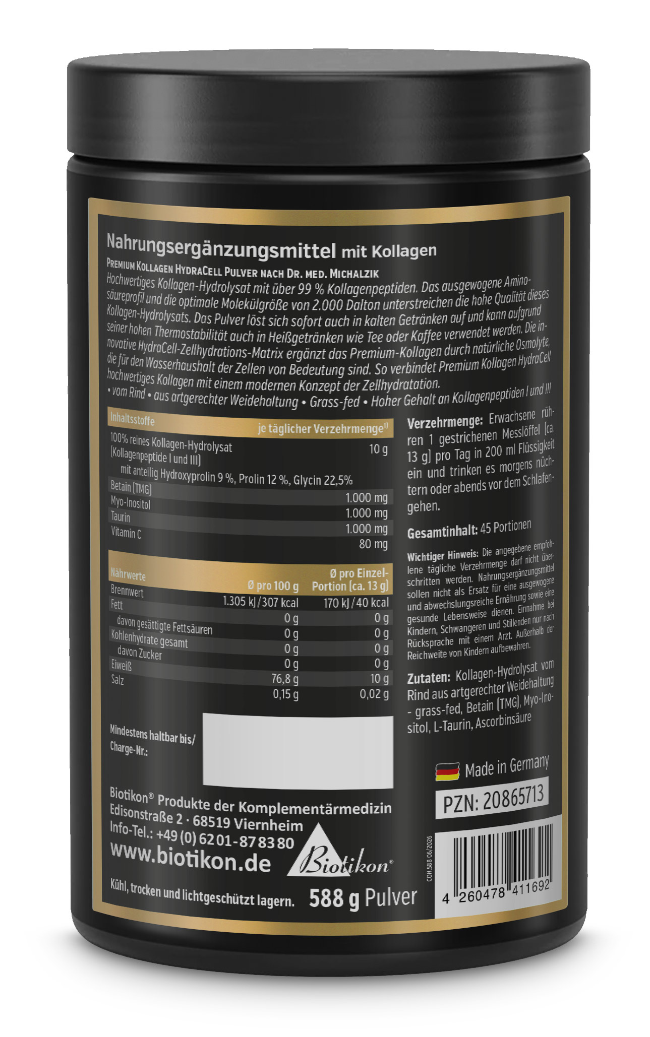 Premium kollagen HydraCell hydrolysatpulver burk baksida