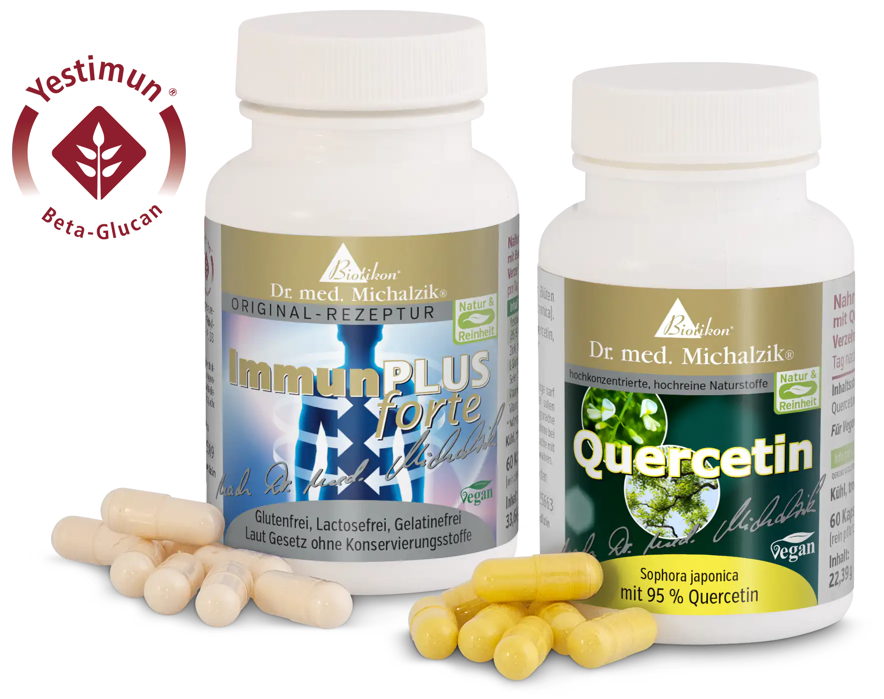 Zwei Flaschen Nahrungsergänzungsmittel: ImmunPLUS forte und Quercetin, Kapseln in Gelb und Beige, mit je 60 Kapseln.