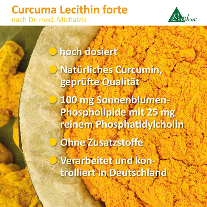 Curcuma Lecithin forte, 100 mg Kapseln, gelbe Pulverform, hochwertige Zutaten, zur Unterstützung der Ernährung.
