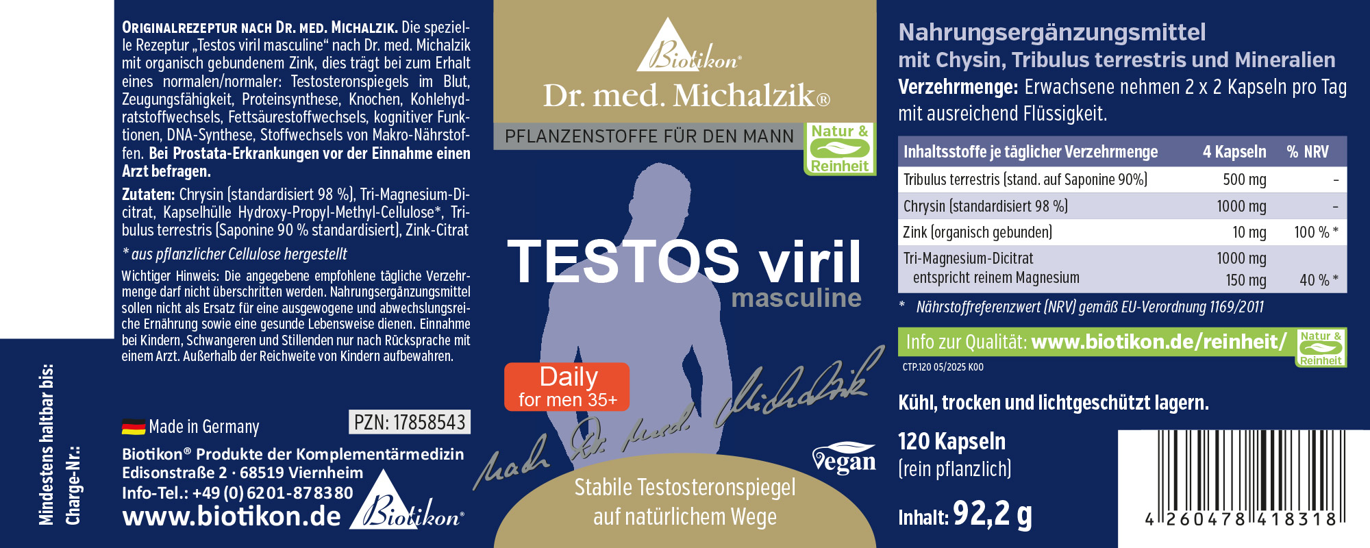 Nahrungsergänzungsmittel in blauer Verpackung, 120 vegane Kapseln, stabilisiert Testosteronspiegel.