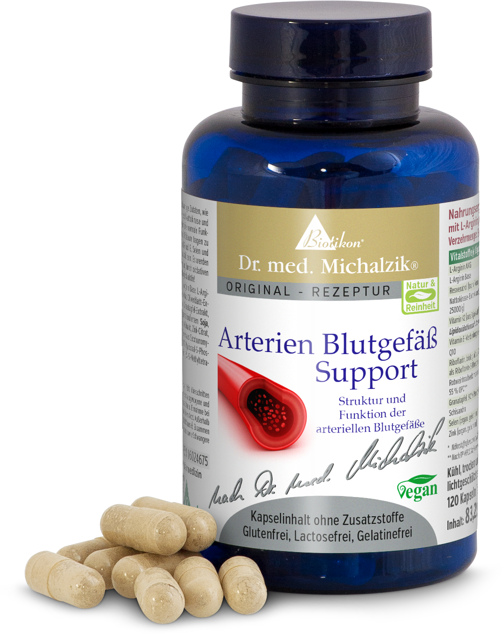 Transparente Kapseln in blauer Flasche, 120 Stück, Produktbeschreibung sichtbar.