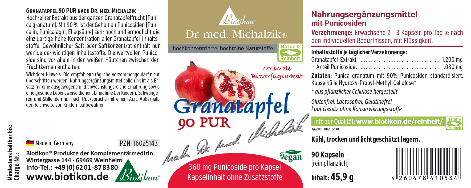 Granatapfel Kapseln 90 Stück in Verpackung, rot und weiß, mit Kapselinhalt sichtbar, seitliche Ansicht.