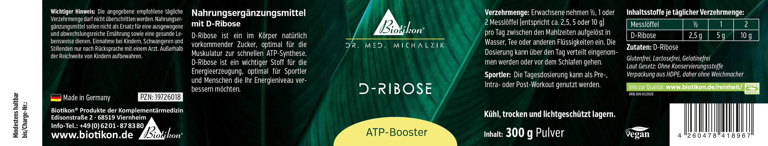 Nahrungsergänzungsmittel D-Ribose in 300 g Pulverform, dunkelgrüne Verpackung, seitliche Sicht.
