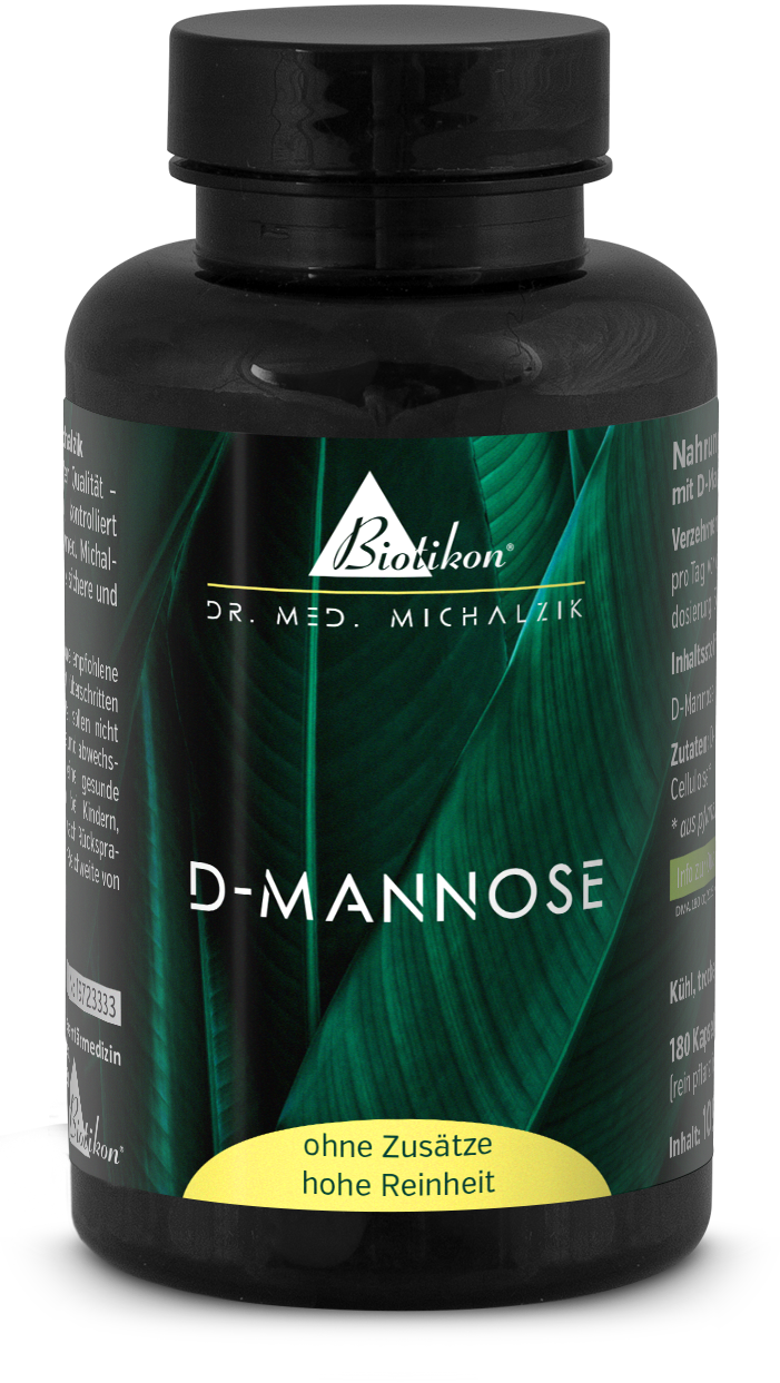 D-Mannose Nahrungsergänzungsmittel in einer schwarzen Flasche, 180 Kapseln, mit grünem Blattdesign.