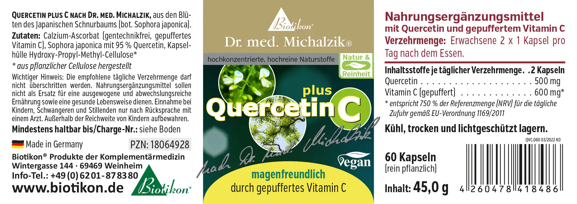 Quercetin plus C Nahrungsergänzungsmittel, 60 Kapseln in einer grünen Verpackung, vegan und magenfreundlich.