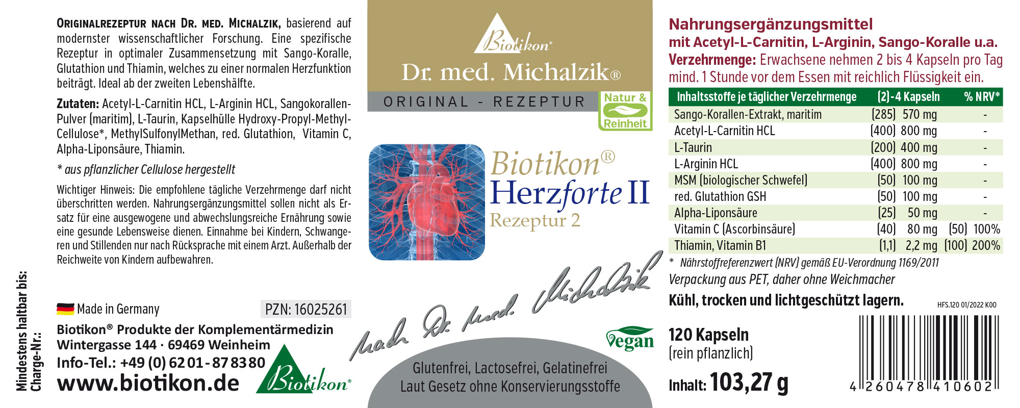 Nahrungsergänzungsmittel Herzforte II in einer PET-Verpackung, 120 Kapseln, vegan, weißer Hintergrund.
