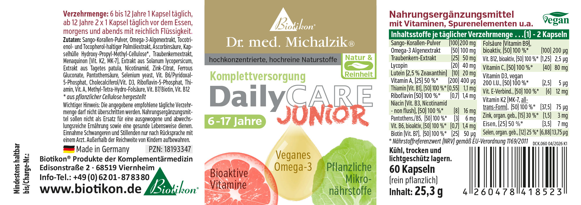 Omega-3 Kapseln – 60 Stück für Kinder Nahrungsergänzungsmittel, Omega-3 Algenextrakt, 60 Kapseln, vegan, gelbe Verpackung