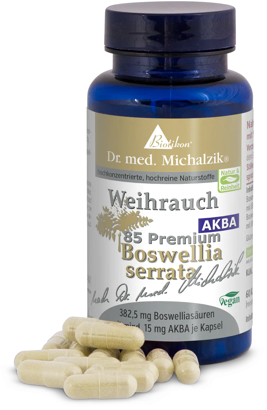 Blauer Kunststoffbehälter mit 60 Kapseln, jede Kapsel enthält 382,5 mg Boswelliasäuren.