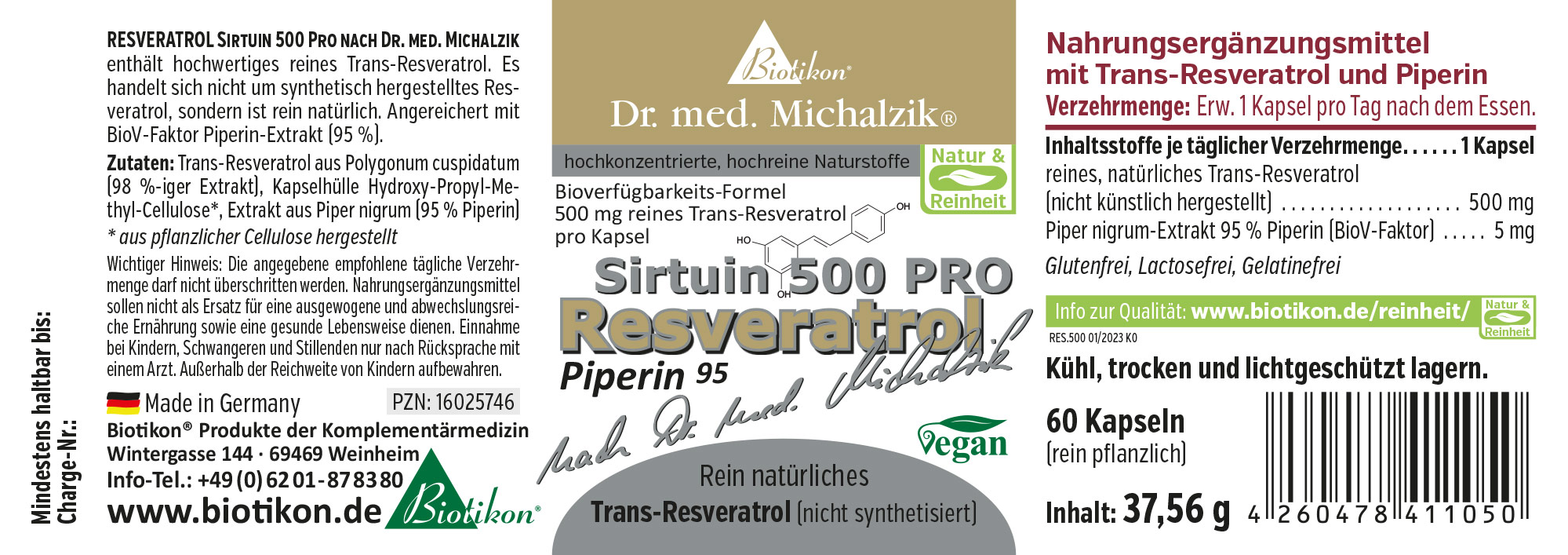Nahrungsergänzungsmittel in Form von Kapseln, 60 Stück, mit Trans-Resveratrol und Piperin, verpackt in einer stabilen Box.