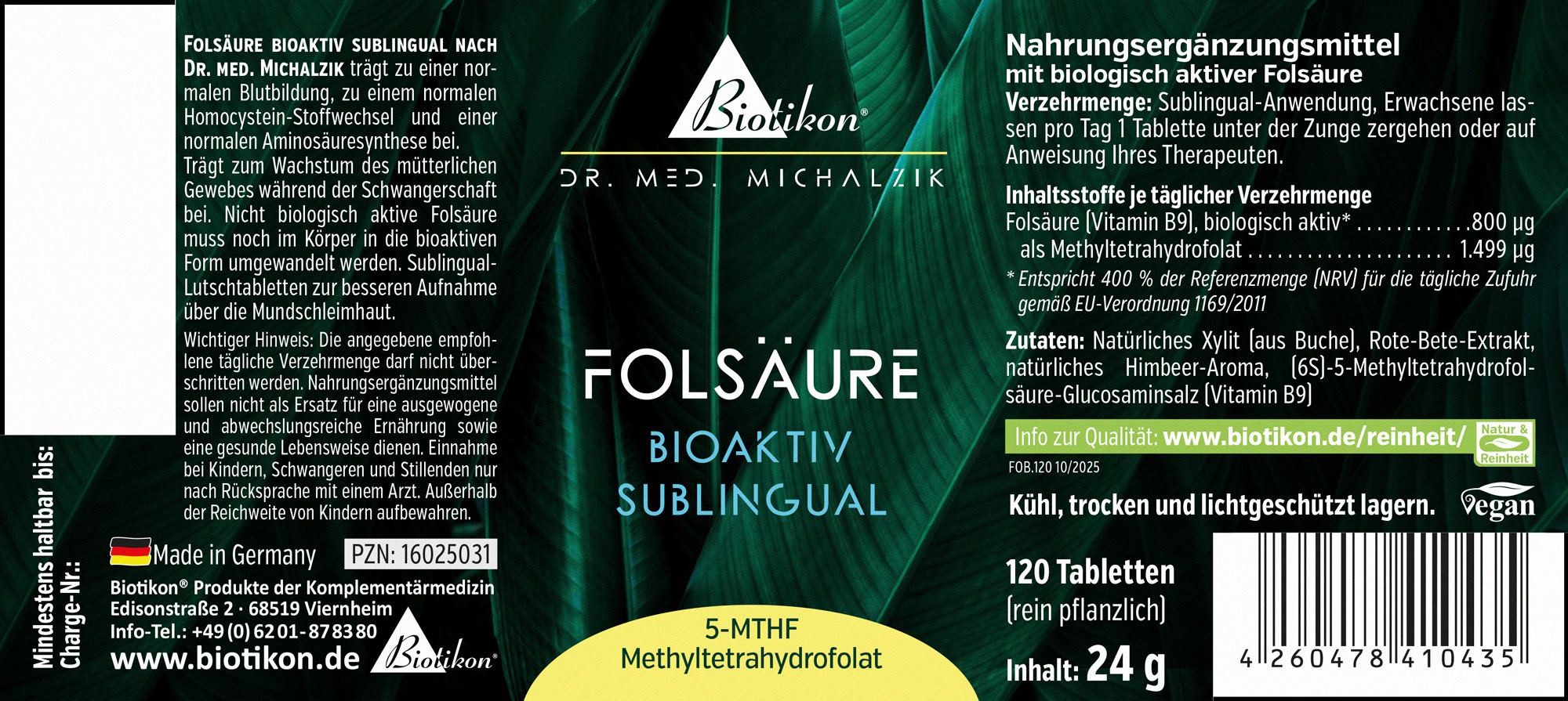 Folsäure bioaktiv sublingual – 120 Tabletten Folsäure Nahrungsergänzungsmittel, sublinguale Tabletten, 120 Stück, vegan, in grüner Verpackung.