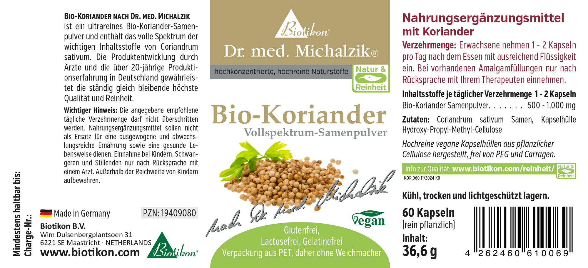 Bio-Koriander Samenpulver in Kapseln, 60 Stück, grüne Verpackung, Produktansicht