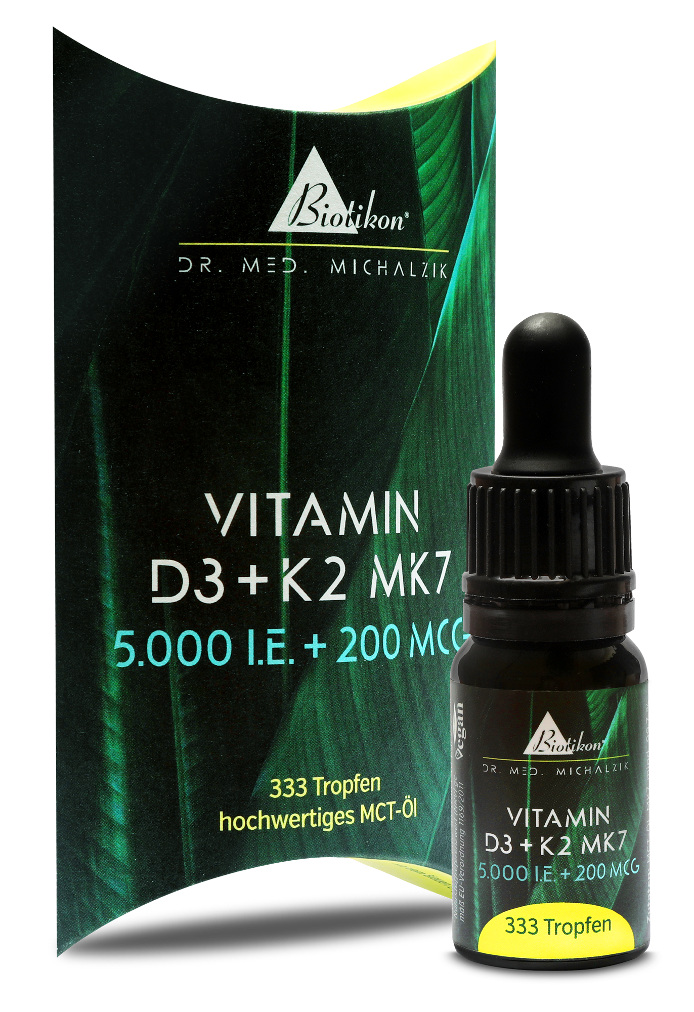 Vitamin D3 + K2 MK7 in dunkler Tropfenflasche, 333 Tropfen, Verpackung in Grün und Schwarz.