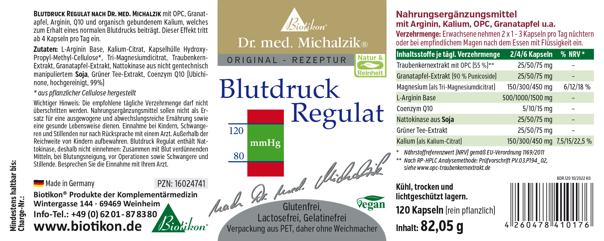 Nahrungsergänzungsmittel in PET-Verpackung, 120 Kapseln, grüne Schrift auf blauen Hintergrund, vegan und glutenfrei.