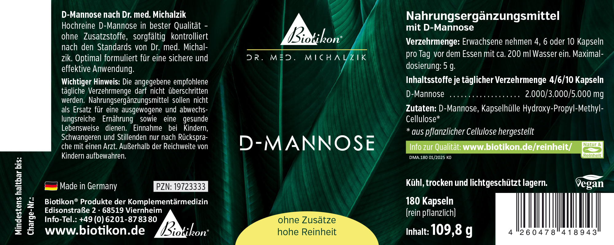 D-Mannose Nahrungsergänzungsmittel in dunkelgrüner Verpackung, enthält 180 Kapseln, rein pflanzlich.