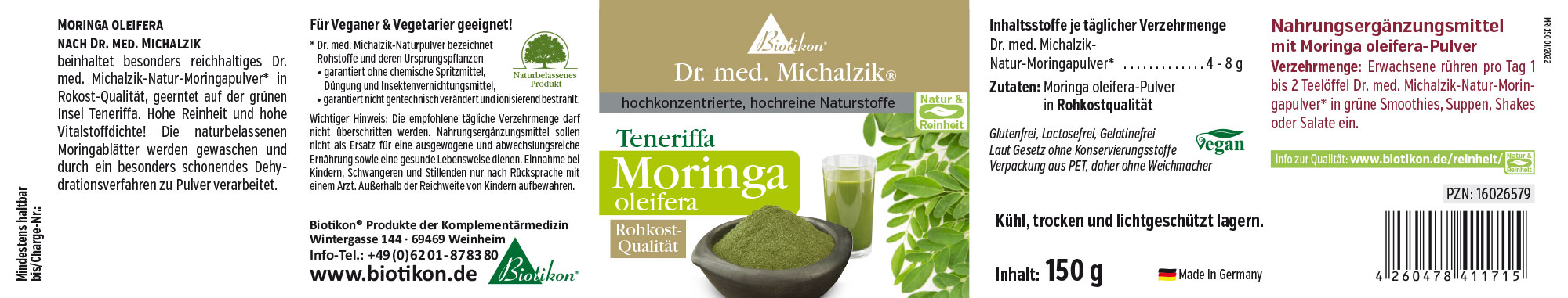 Moringa oleifera Pulver in einer PET-Verpackung, rohköstlich, grüne Farbe, für Smoothies, 150 g.