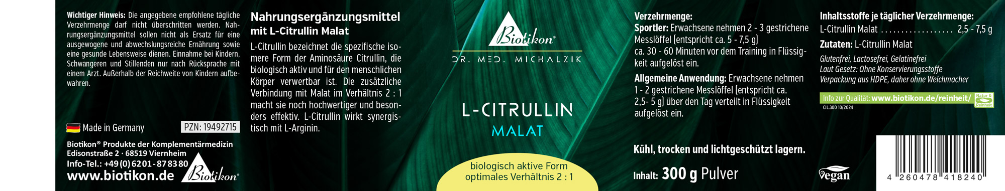 Nahrungsergänzungsmittel L-Citrullin Malat in 300 g Pulver, grüne Verpackung, Sicht auf Etikett.