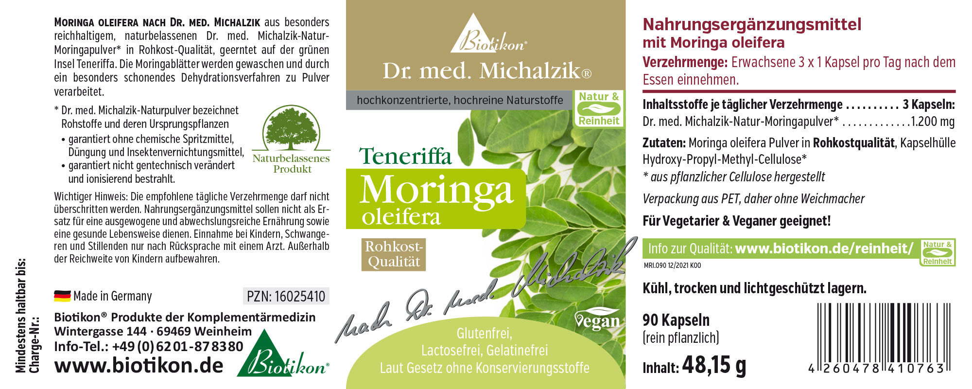 Moringa oleifera Nahrungsergänzungsmittel, 90 Kapseln in einer PET-Verpackung, grün, Rohkost-Qualität.