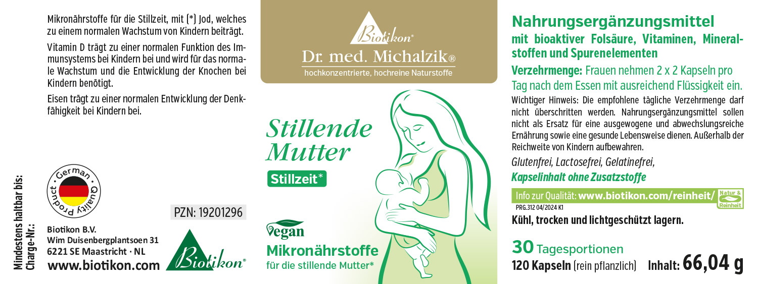 Nahrungsergänzungsmittel für stillende Mütter, 120 Kapseln, vegane Kapseln, Produktverpackung in sanften Farben, vorne zeigt eine Mutter mit Kind.