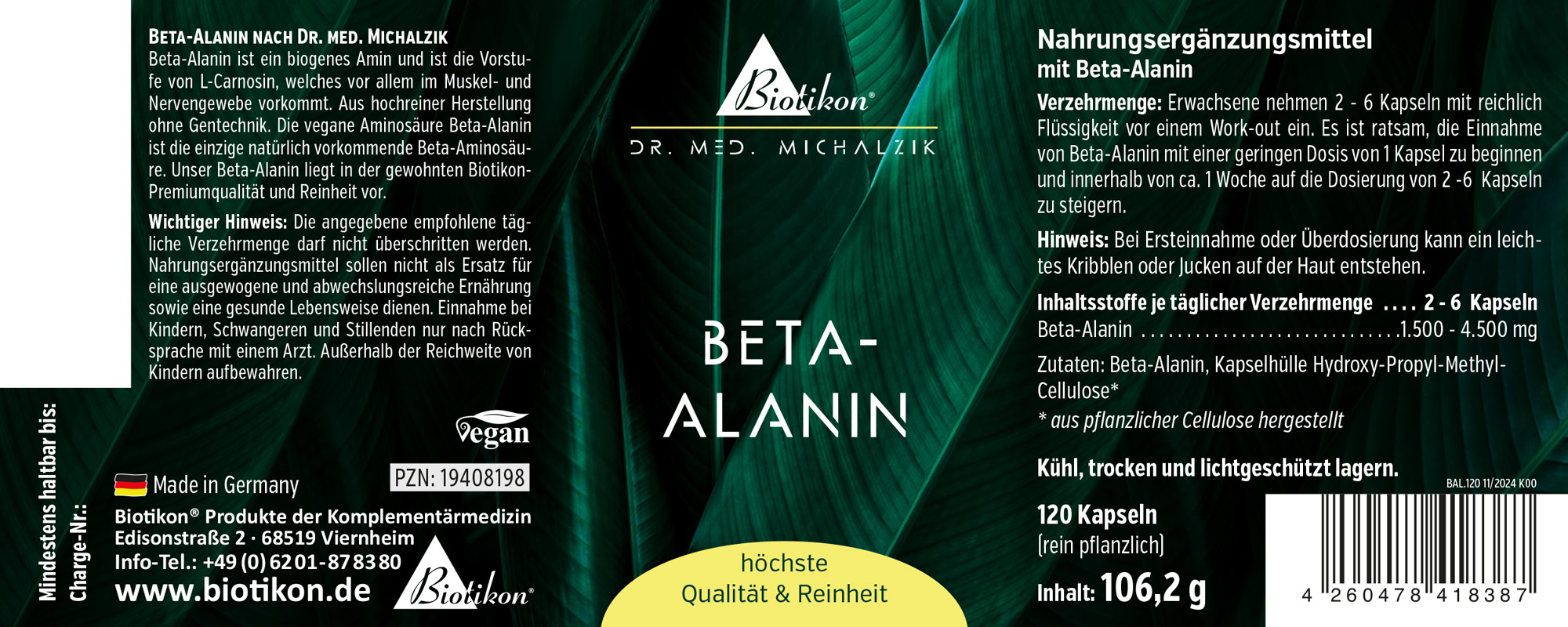 Beta-Alanin Nahrungsergänzung, 120 Kapseln in einer dunklen Verpackung, vegane Formel, hochwertig.