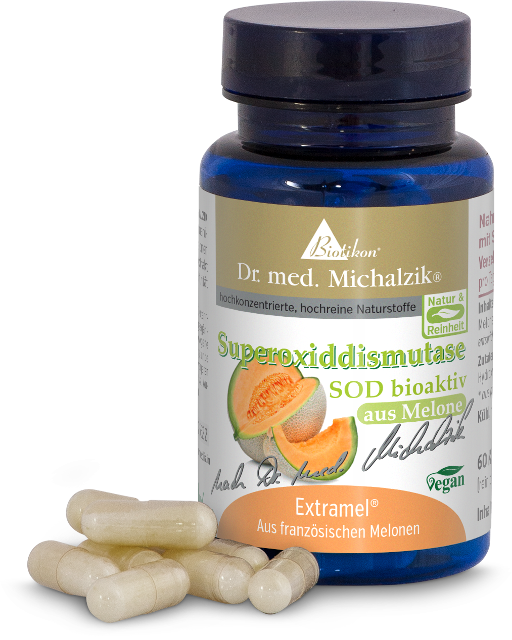 Flasche mit 60 Kapseln Superoxiddismutase, hellbeige Kapseln, blaue Verpackung, Vorderansicht, vegan.