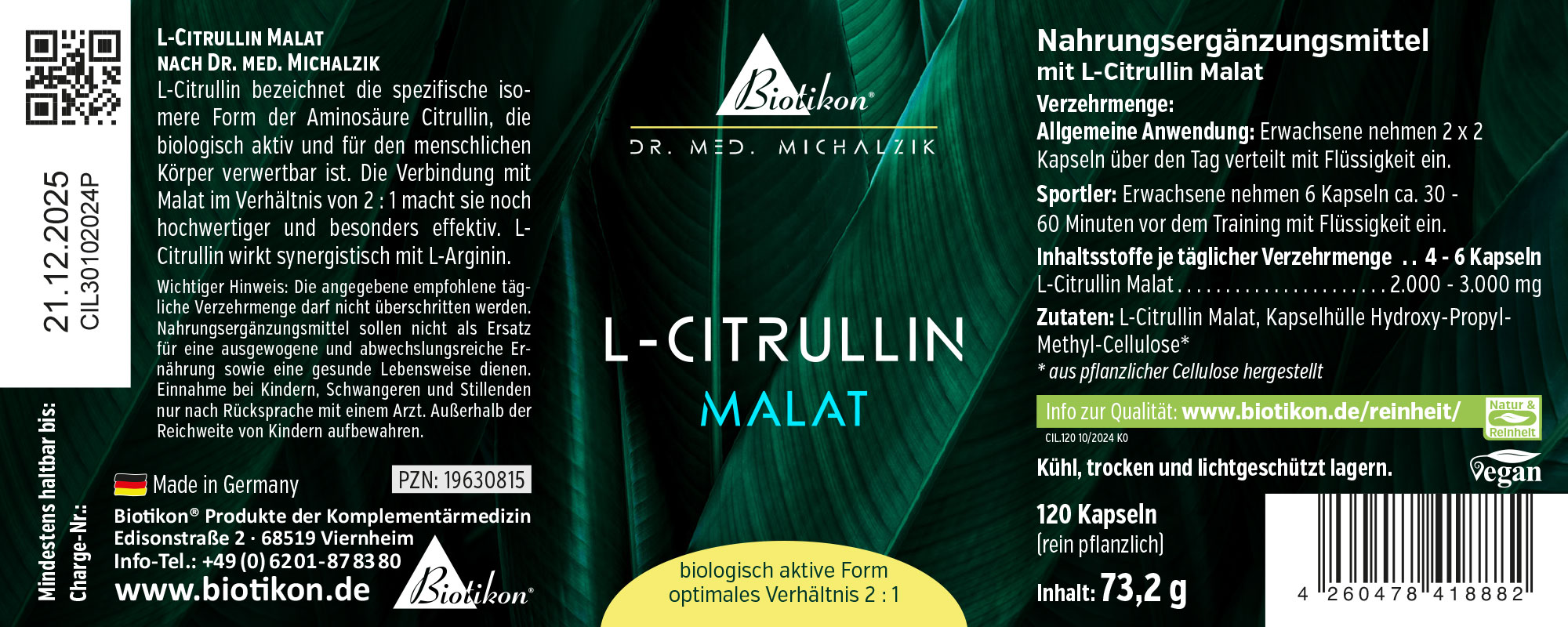 Nahrungsergänzungsmittel L-Citrullin Malat in Kapseln, 120 Stück, grüne Verpackung, seitliche Ansicht.