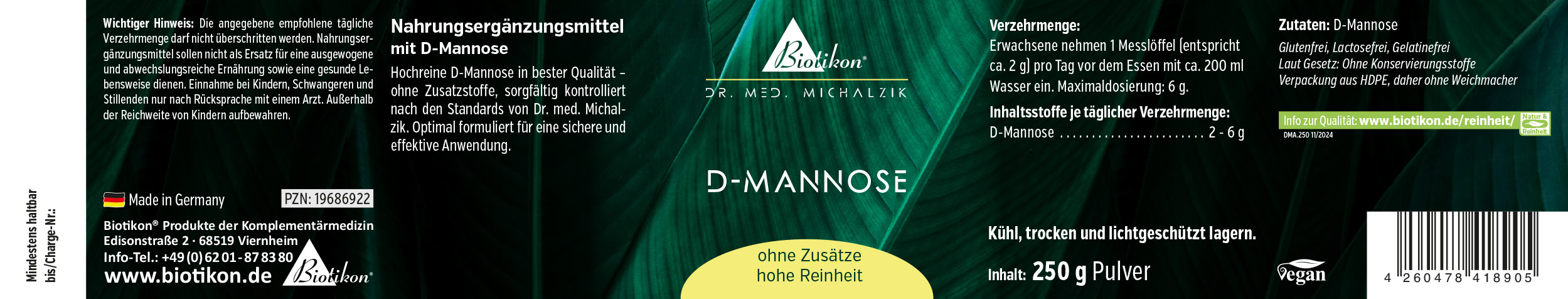 D-Mannose Nahrungsergänzungsmittel in 250 g Pulver, grüne Verpackung, deutsch beschriftet, vegan.