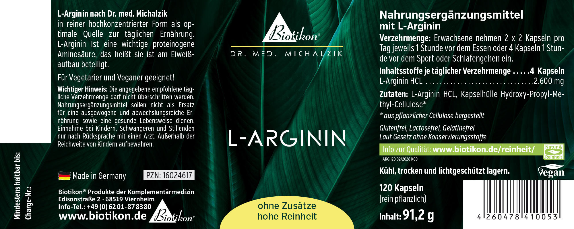 L-Arginin Nahrungsergänzungsmittel in Kapseln, 120 Stück, Verpackung in grün-weißer Gestaltung.