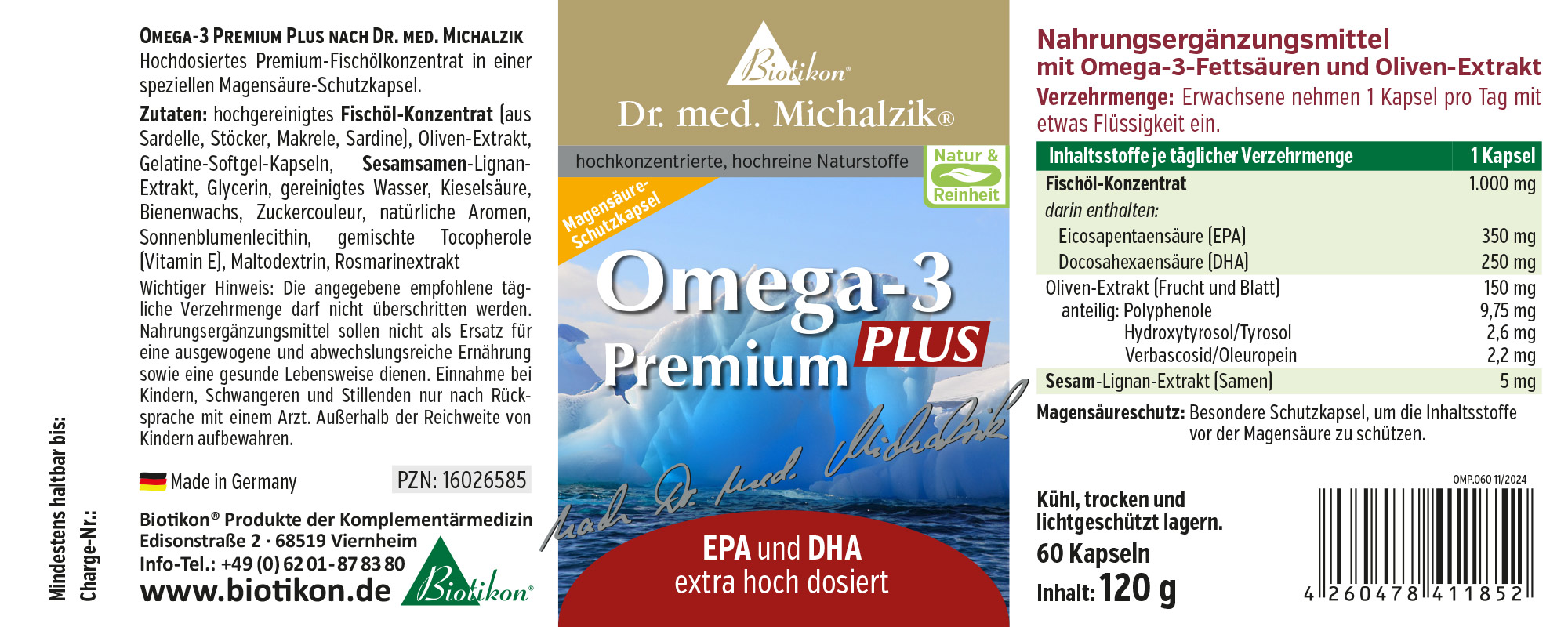 Omega-3 Premium Plus Kapseln in einer Packung, Menge 60, gelatineweich, mit Fischölkonzentrat, geschützte Kapseln.