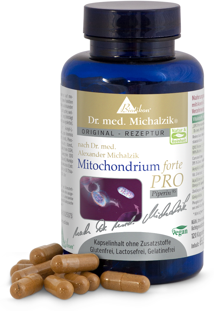 Mitochondrium forte PRO in blauer Flasche, 120 Kapseln, vegan, ohne Zusatzstoffe, braune Kapseln im Vordergrund.