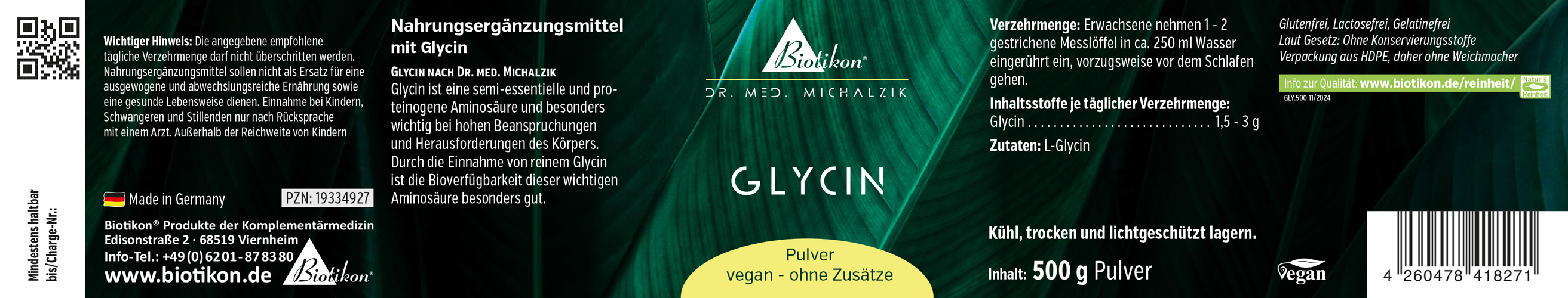 Nahrungsergänzungsmittel Glycin, 500 g Pulver, vegan, ohne Zusätze, grüne Verpackung.