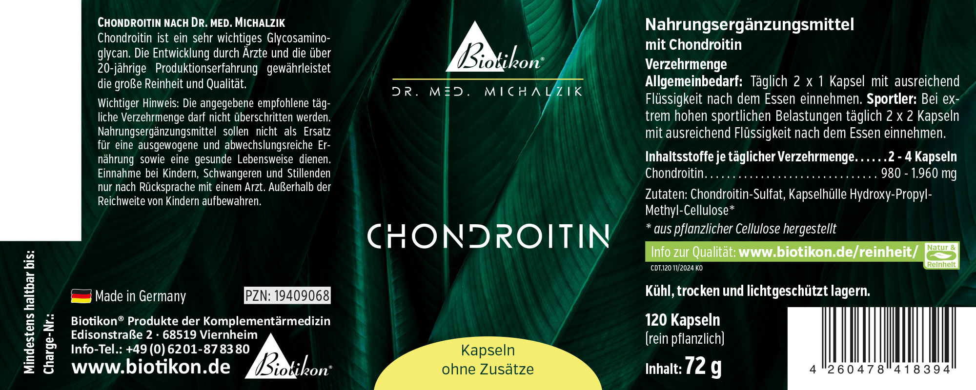Chondroitin Nahrungsergänzungsmittel in einer schwarzen Verpackung mit grünen Blättern, 120 Kapseln, rein pflanzlich, aus Sicht der Vorderseite.