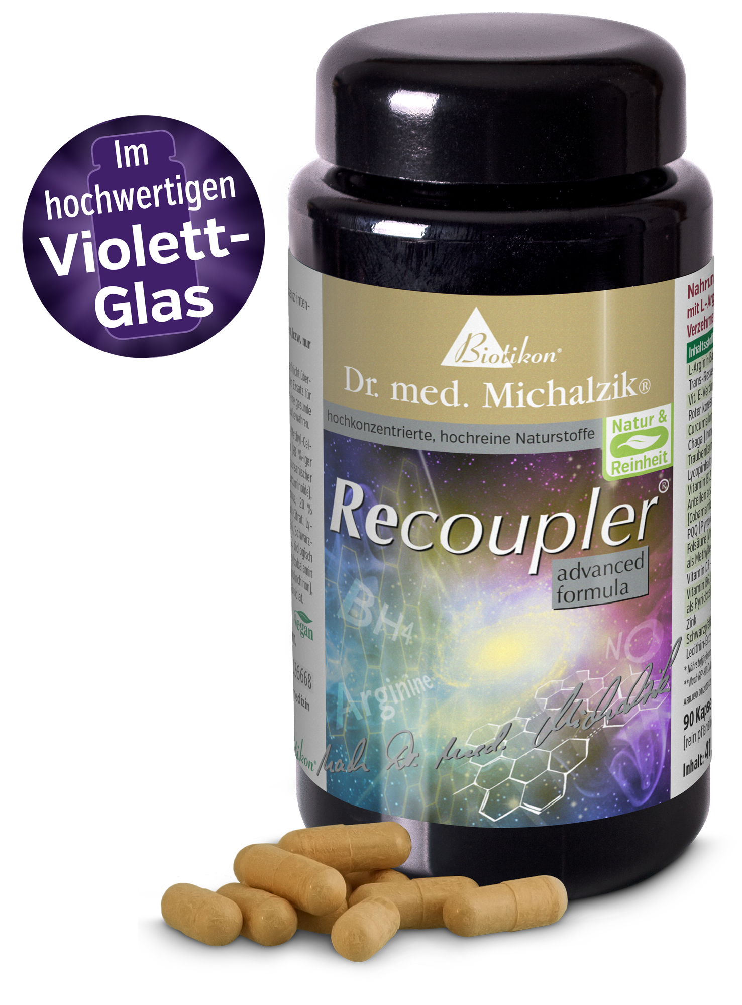 Nahrungsergänzungsmittel Recoupler in 90 Kapseln, goldene Kapseln, Hochwertiges Violett-Glas.