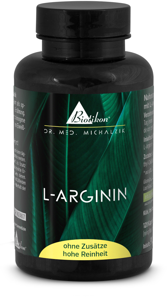 Blaue Flasche mit L-Arginin Kapseln, 120 Stück, vegan, glutenfrei, Lactosefrei.