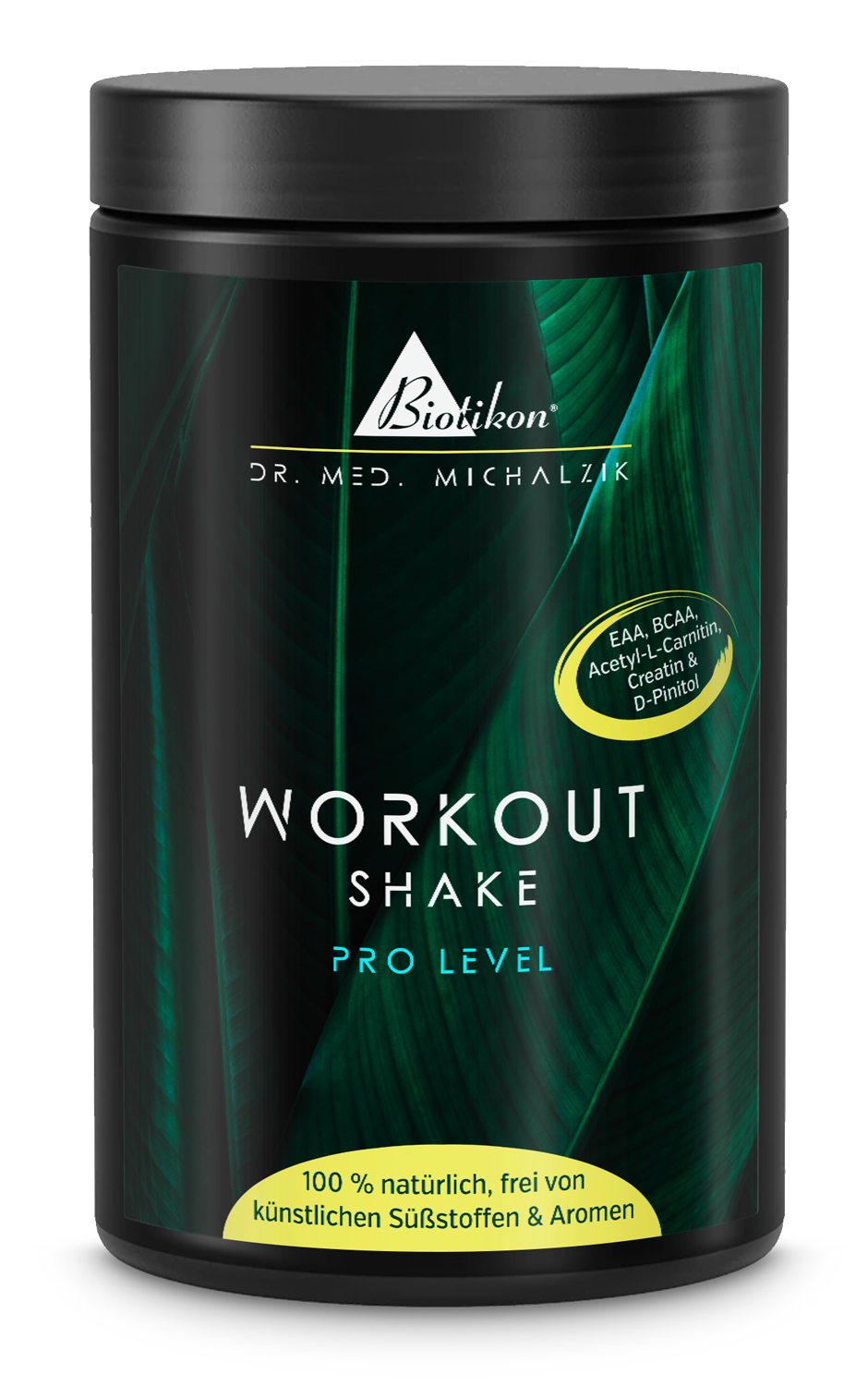 Schwarze Dose mit Workout Shake, 100% natürlich, 500 g, Vorderansicht