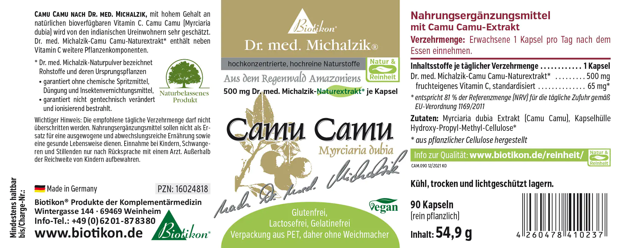 Camu Camu Nahrungsergänzungsmittel in Kapseln, 90 Stück, Verpackung farbenfroh, Seitenansicht