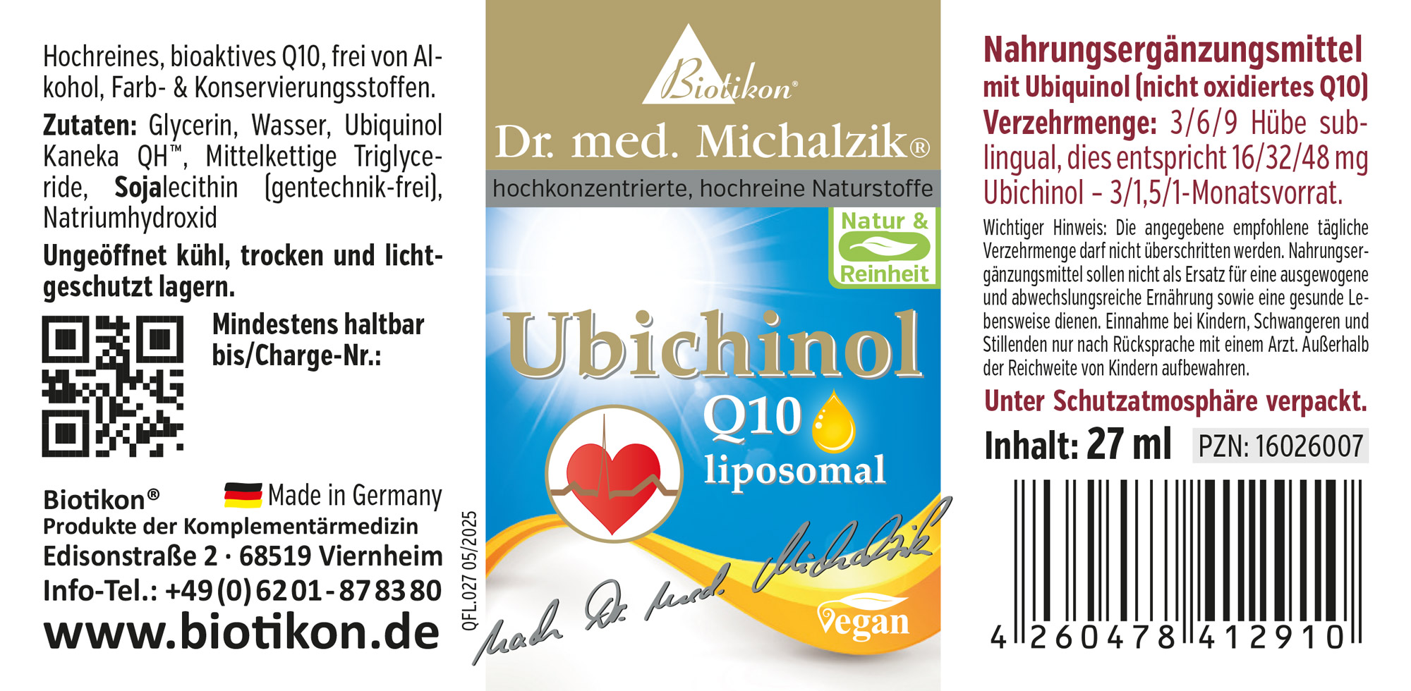 Liposomales Ubichinol Q10 in 27 ml Flasche, gelb-blaues Design, vegan.