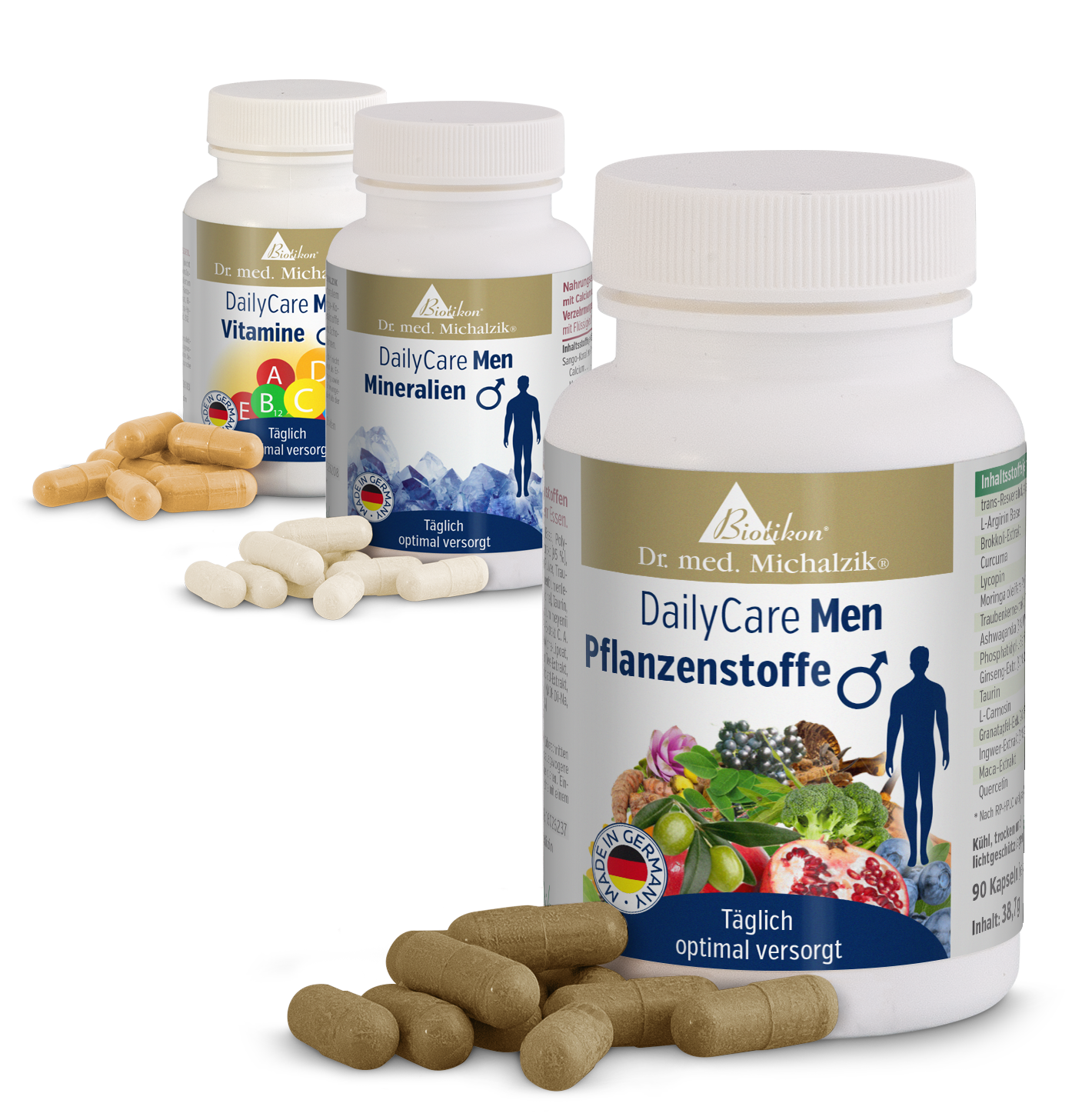 Drei Nahrungsergänzungsmittel für Männer, Kapseln in beige, weiß und braun, mit verschiedenen Inhaltsstoffen, Verpackung sichtbar.