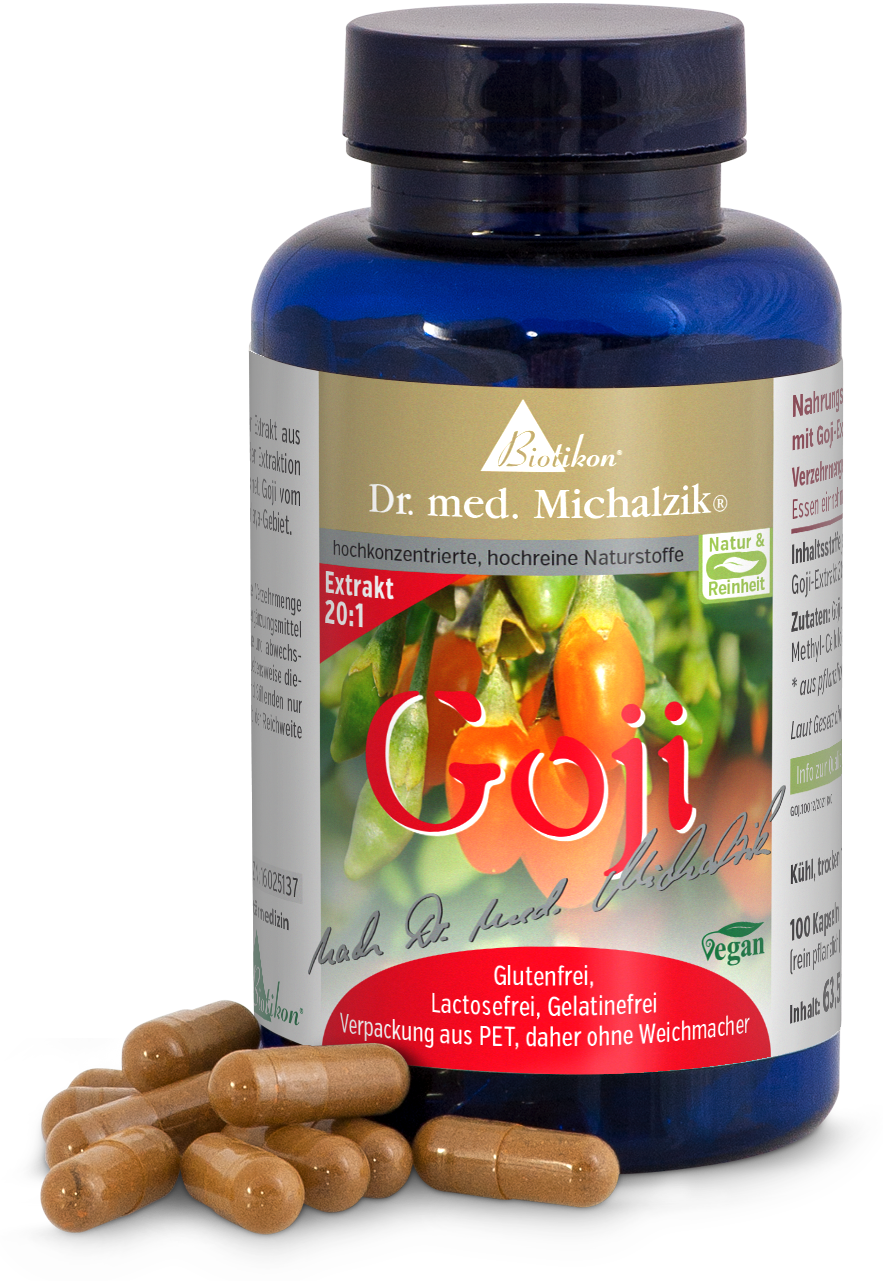 Goji Extrakt in blauer Kapselverpackung, 100 Kapseln, glutenfrei, vegan