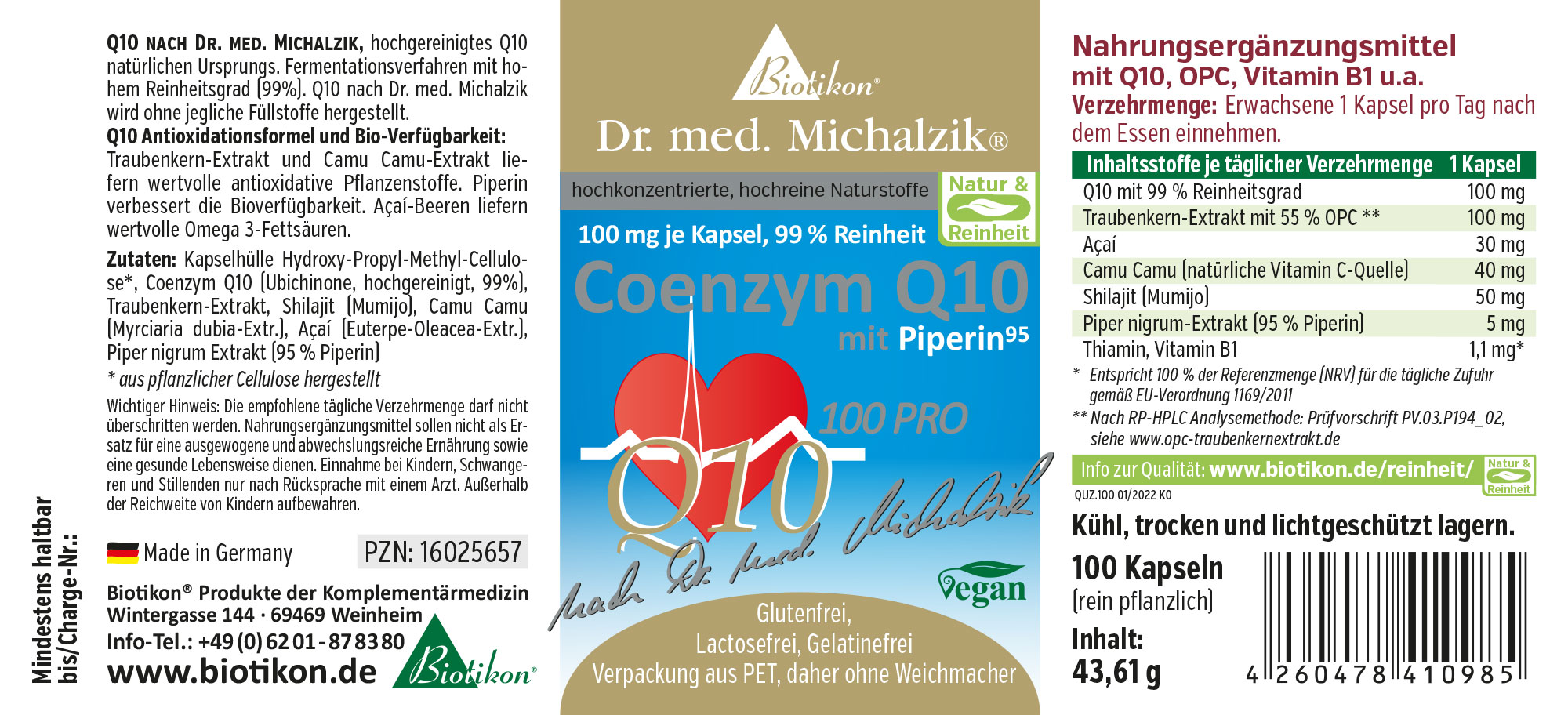Coenzym Q10 in Kapseln, 100 mg pro Kapsel, Verpackung mit 100 Kapseln, blaues und weißes Design.