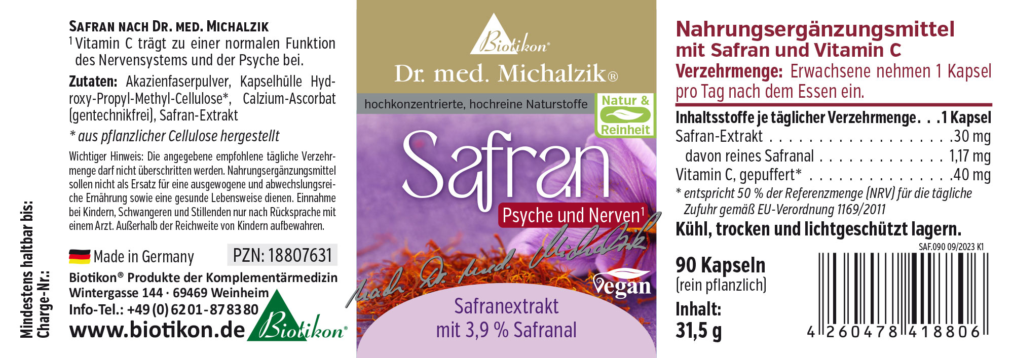 Nahrungsergänzungsmittel mit Safran und Vitamin C, 90 Kapseln, Verpackung in violett-weißer Gestaltung, vegan.